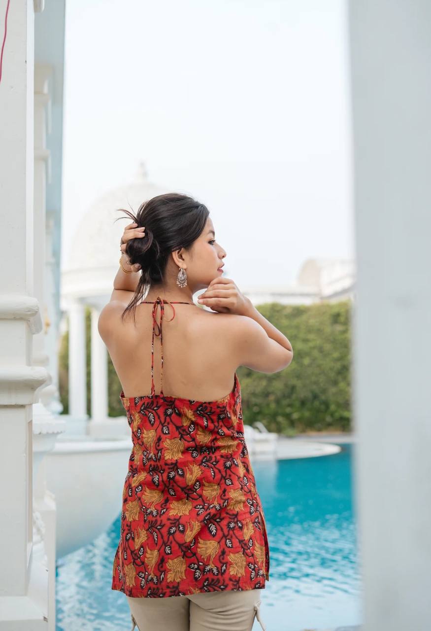 RED FLORAL HALER NECK KURTI