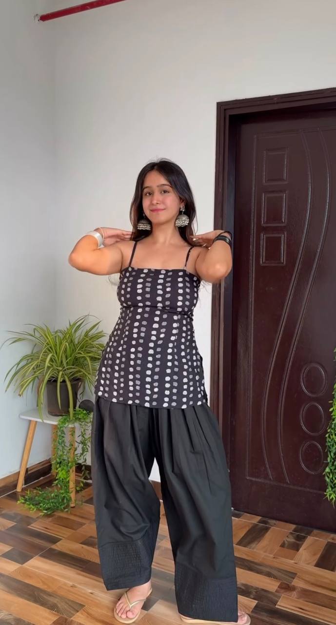 PEPLUM BLOCKPRINTED NOODLE STRAP CORSET KURTI